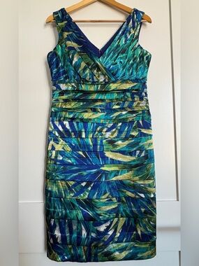 Jones New York Tropical Palm Leaf Tiered Ruched Cocktail Dress 10